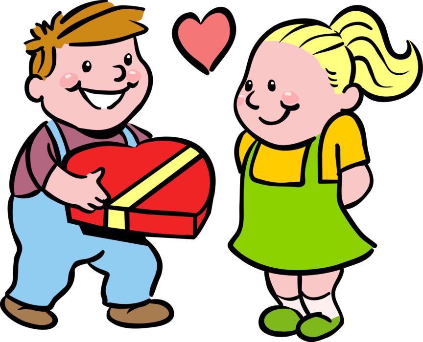 Vector Illustration of Young Love Boy Gives Girl Box of Valentine's Day Chocolate Candy