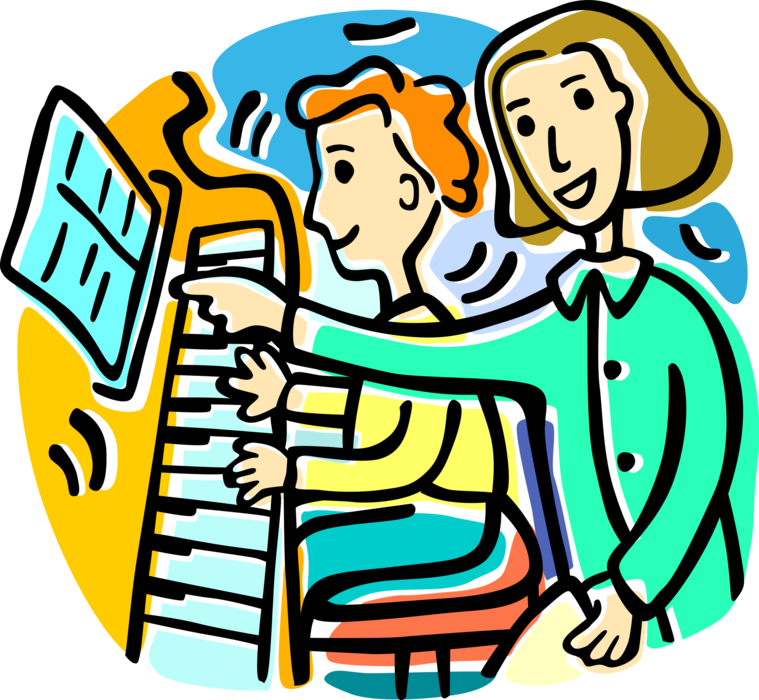 Vector Illustration of Piano Lesson with Music Teacher and Student at Keyboard