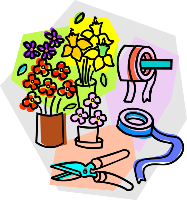 Vector Illustration of Florist Flower Shop Supplies with Ribbon and Pruning Shears
