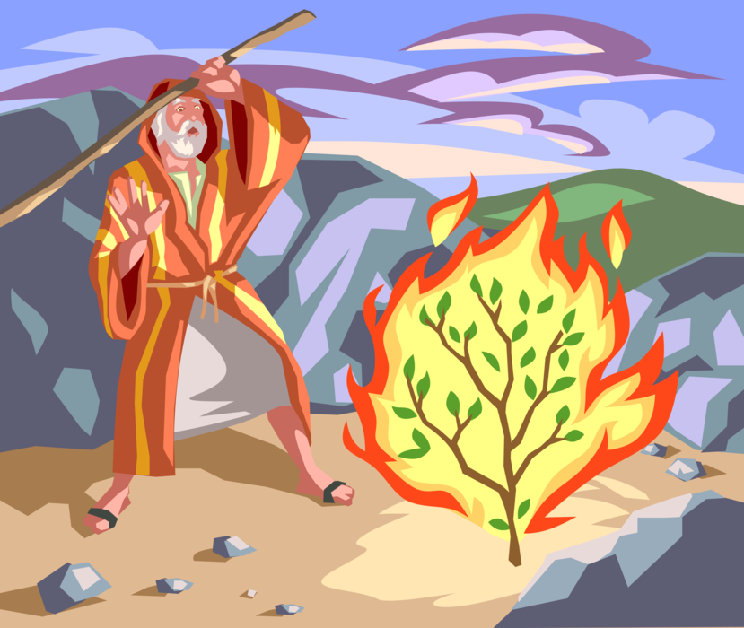 Vector Illustration of Burning Bush when God Appoints Moses to Lead Israelites Out of Egypt Biblical Story