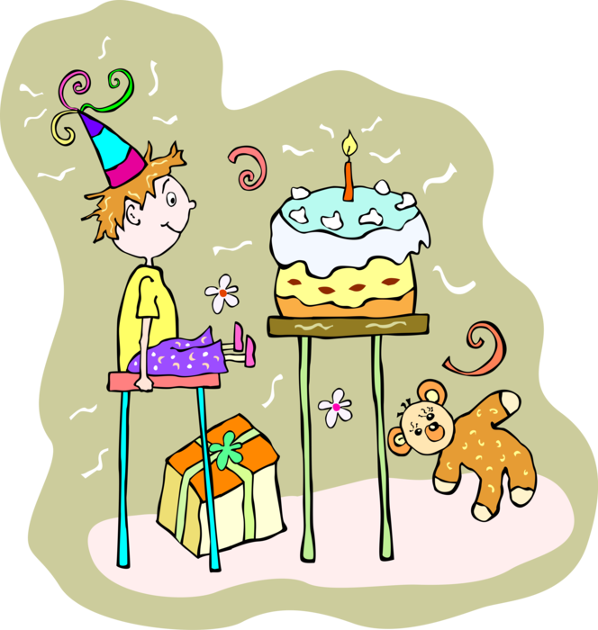 Vector Illustration of First Birthday Boy Blows Out Candle on Birthday Cake with Gifts