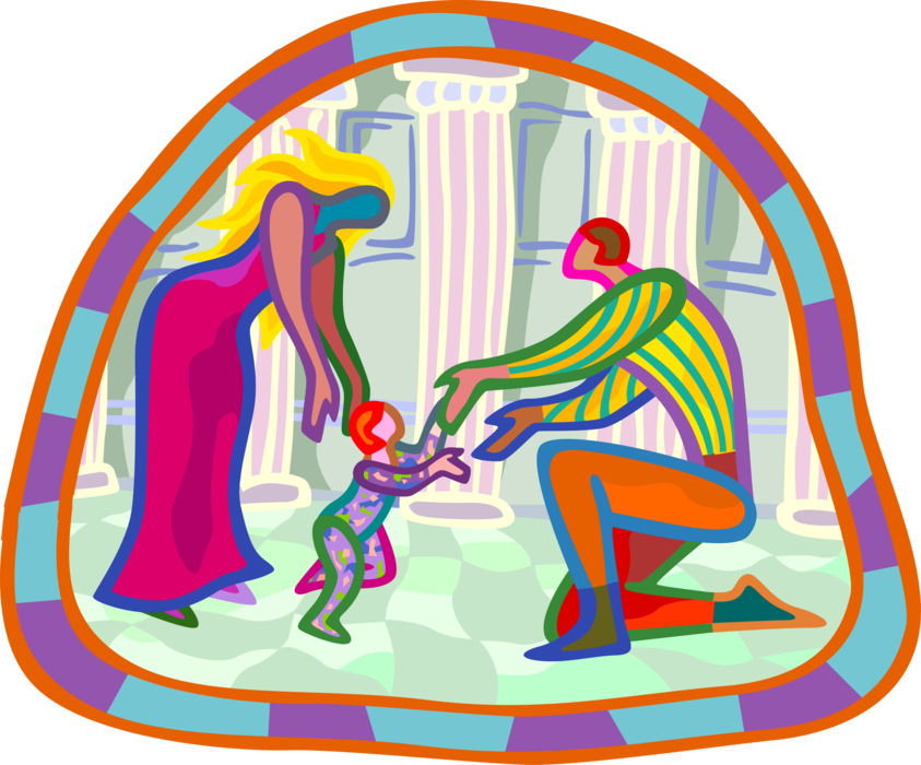 Vector Illustration of Parents with Child Learning to Walk