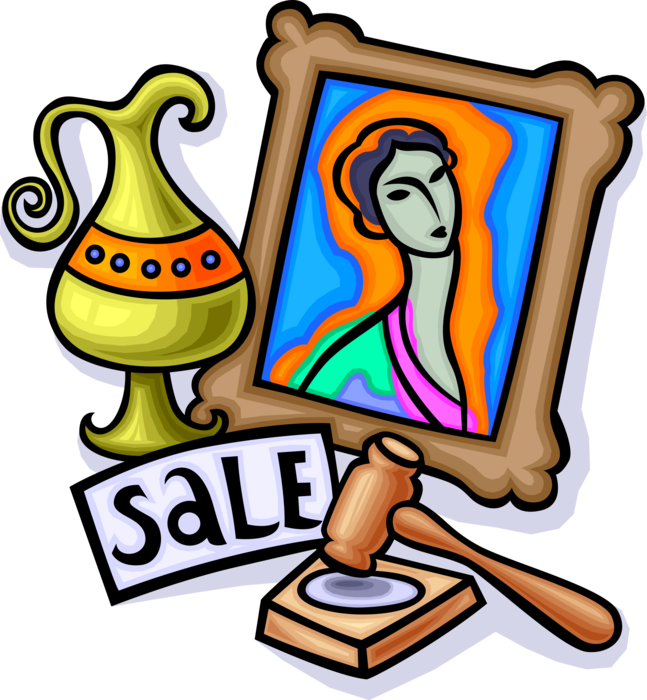 Vector Illustration of Fine Art Auction Sale to Highest Bidder with Painting and Vase
