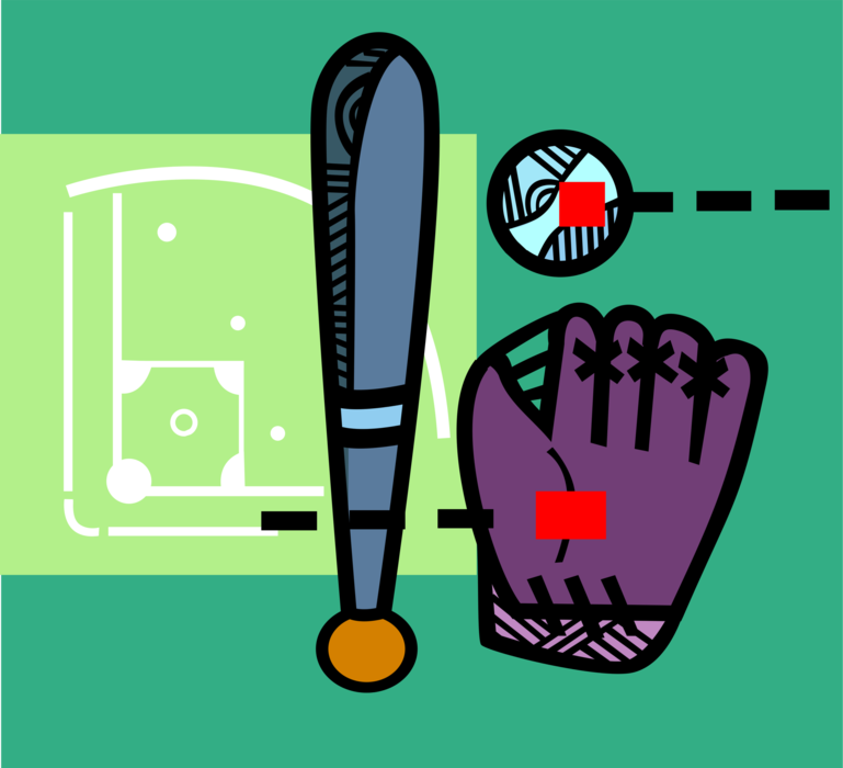 Vector Illustration of American Pastime Sport of Baseball Equipment Bat, Ball and Glove with Baseball Diamond
