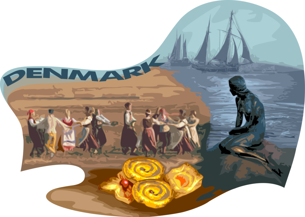 Vector Illustration of Traditional Cultural Dancers, Sailboats, and Little Mermaid Statue, Copenhagen, Denmark