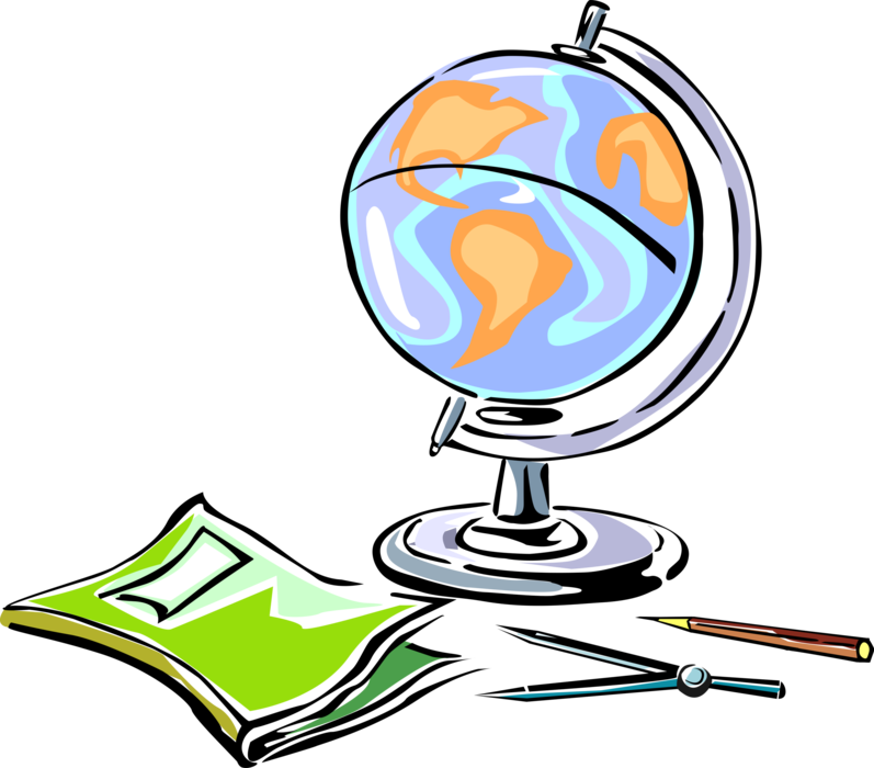 Vector Illustration of School Classroom Geography World Globe with Compass, Pencil and Student Schoolbooks