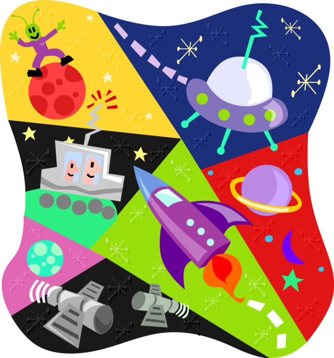 Vector Illustration of Outer Space Rockets, Satellites, UFOs and Aliens
