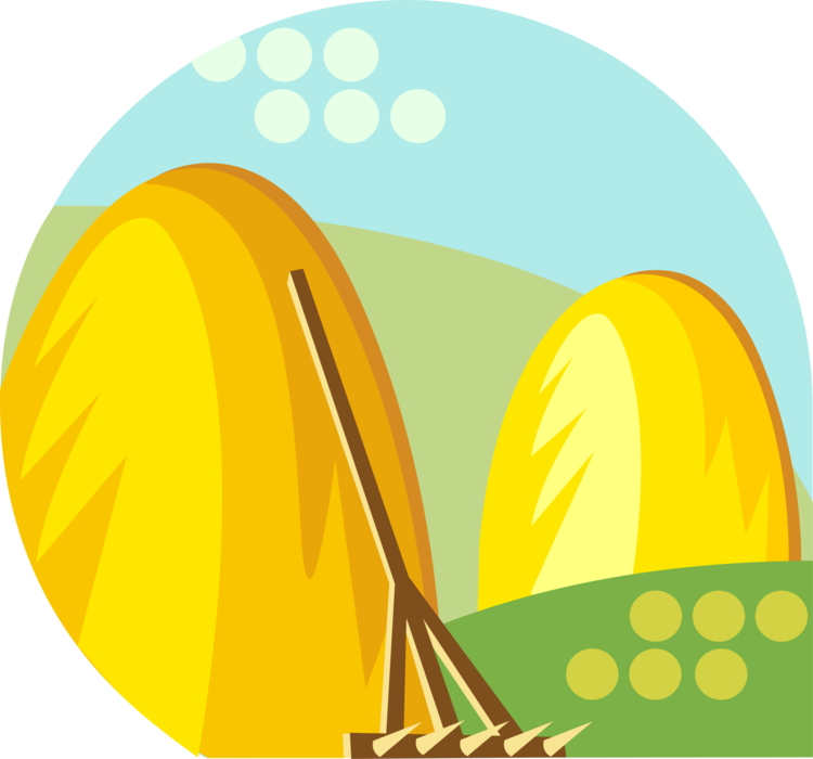 Vector Illustration of Farming Hay Harvest Haystacks in Farm Field