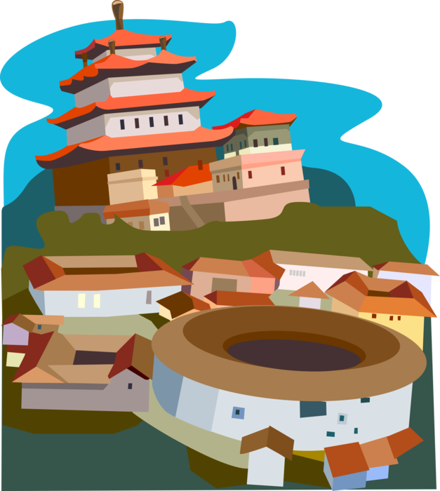 Vector Illustration of Xichan Temple, Fuzhou, Fujian Province, Fujian Round Buildings, China