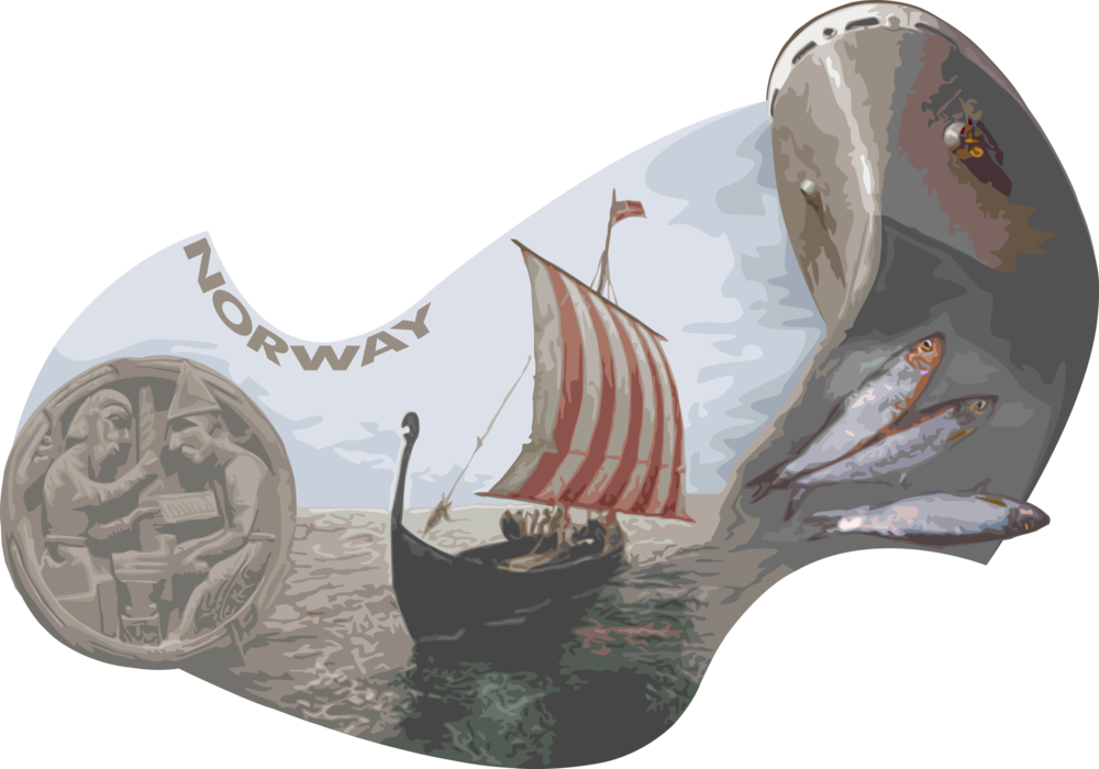 Vector Illustration of Norway Postcard Design with Viking Ship and Commercial Fishing Ship Vessel