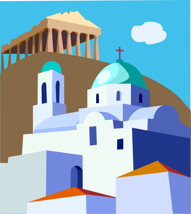 Vector Illustration of Classical Greek Temple Architecture Acropolis Parthenon with Catholic Church on Island of Santorini in Greece