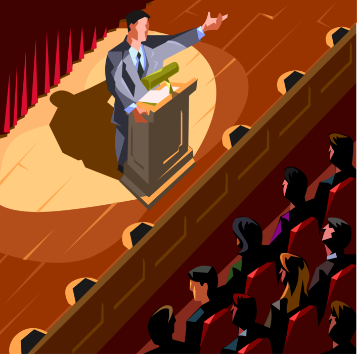 Vector Illustration of Businessman Presenter Speaks to Audience from Stage Podium