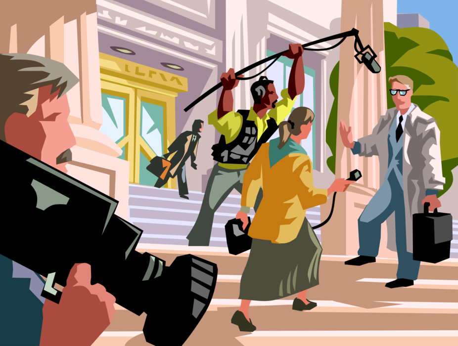 Vector Illustration of News Reporters Interview Lawyer on Court House Steps During Legal Criminal Trial