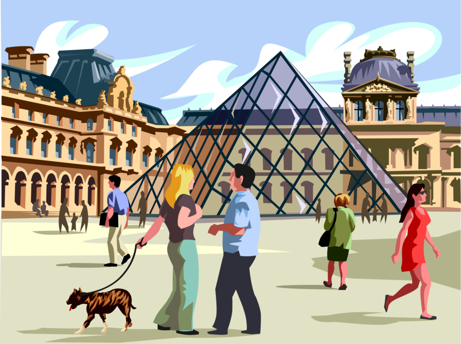 Vector Illustration of Couple Walking Dog at Pyramid Entrance to the Louvre Museum, Paris, France