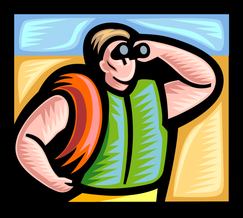 Vector Illustration of Lifeguard with Binoculars Watches and Supervises Swimmers on Beach to Prevent Drownings