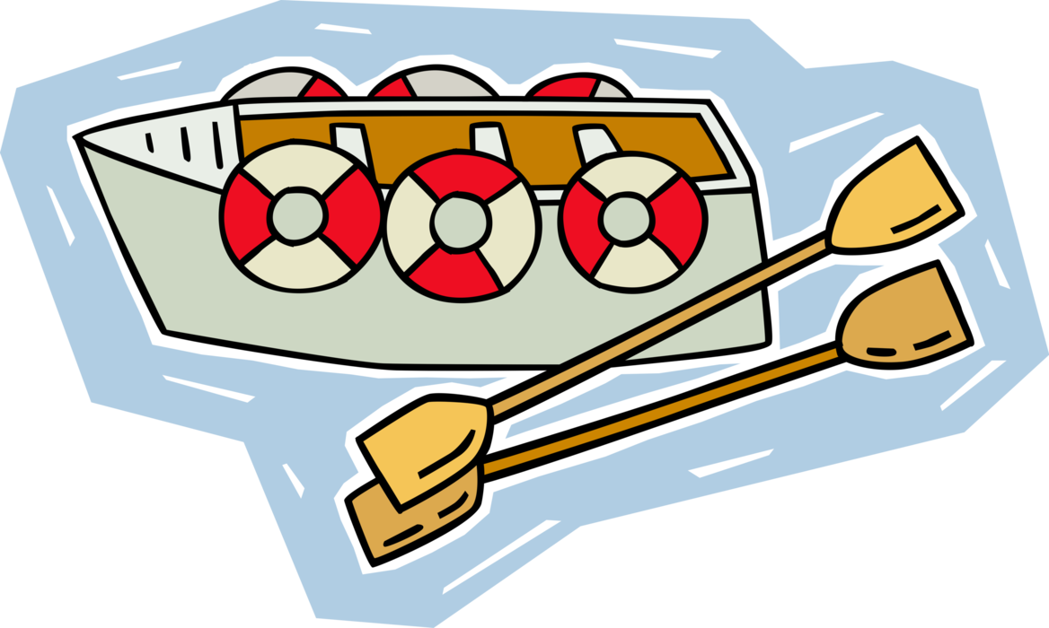 Vector Illustration of Life Preservers with Lifeboat and Oars on Ocean Waves