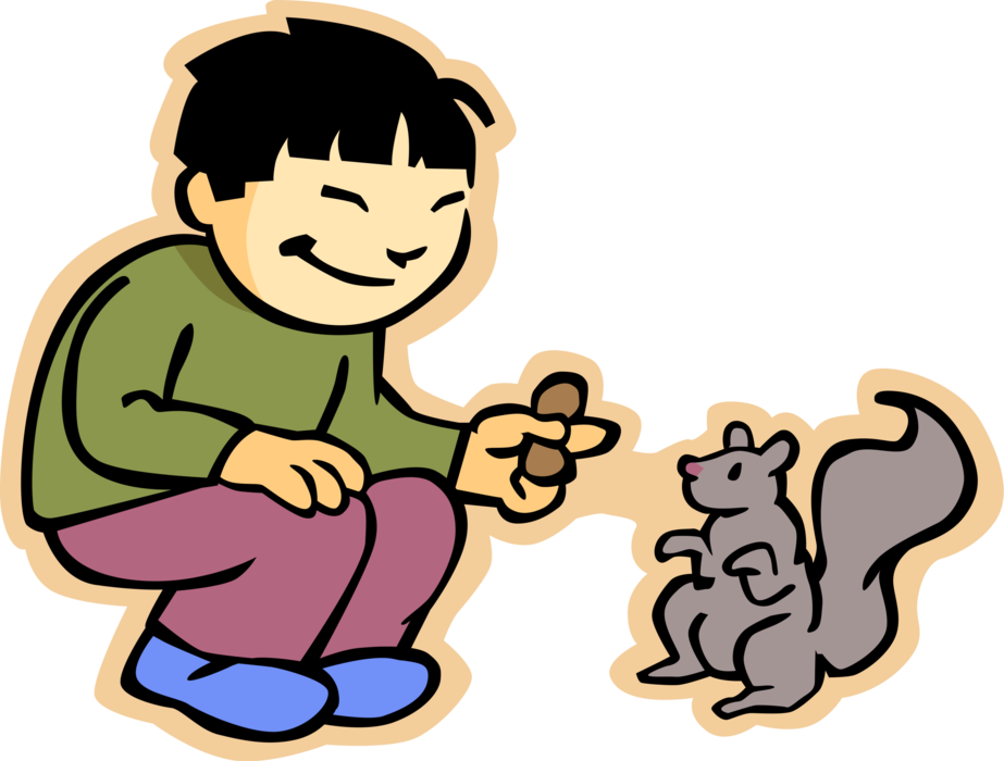 Vector Illustration of Primary or Elementary School Student Boy Feeding Peanut to Arboreal, Bushy-Tailed Rodent Squirrel