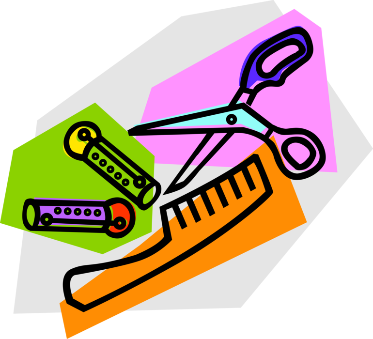 Vector Illustration of Beauty Salon Beautician Hairdresser Scissors Cut Hair with Comb and Curlers