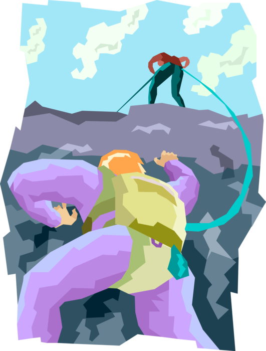 Vector Illustration of Mountain Climbers Use Ropes to Climb Steep Rock Face