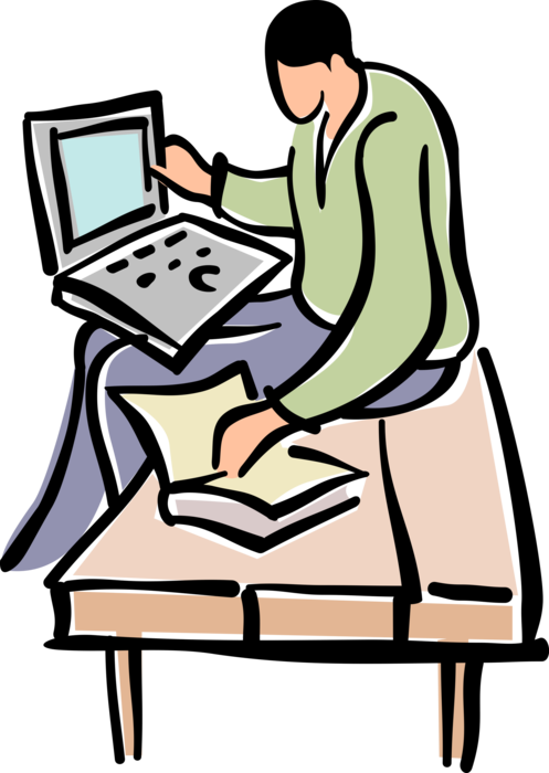 Vector Illustration of Student with Notebook Computer Working at Desk