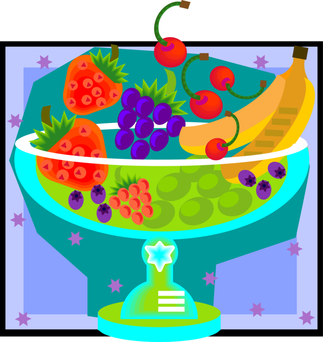 Vector Illustration of Fruit Bowl with Strawberries, Grapes, Cherries and Bananas