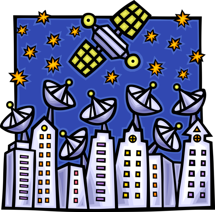 Vector Illustration of Wired City with Satellite Dish Parabolic Antenna Send and Receives Electromagnetic Signals