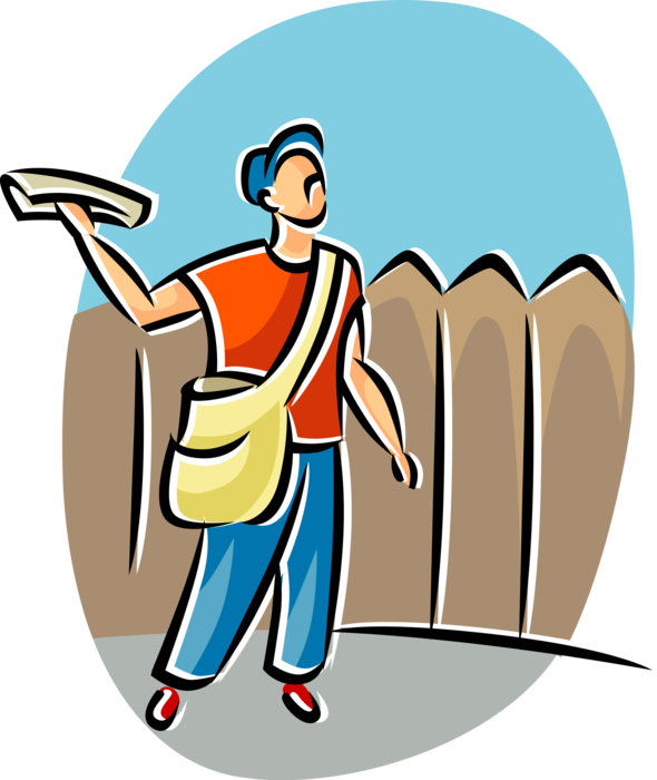 Vector Illustration of Paperboy Sells Newspaper Serial Publication Containing News, Articles, and Advertising
