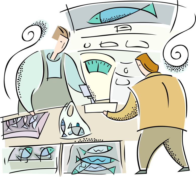 Vector Illustration of Retail Commercial Fish Market with Fresh Fish and Seafood, Fishmonger Vendor and Customer