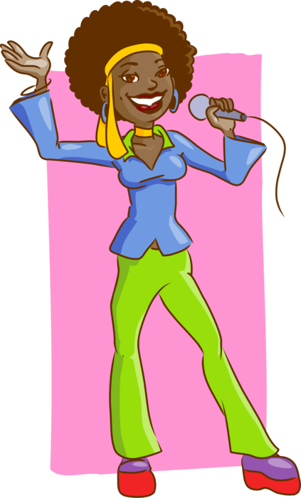 Vector Illustration of Singer with Afro, Platform Shoes and Bellbottom Slacks Sings with Microphone