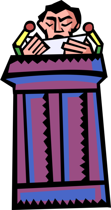 Vector Illustration of Speaker Delivers Speech at Podium with Microphones