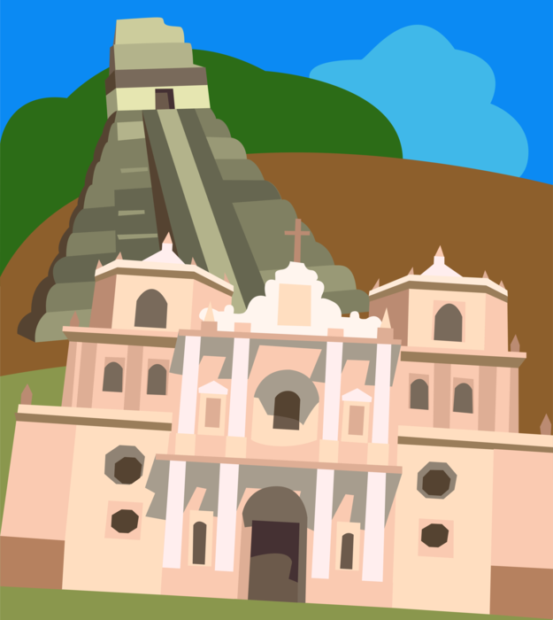 Vector Illustration of Iglesia de La Merced or La Merced Church. Antigua, Guatemala with Mayan Ruins
