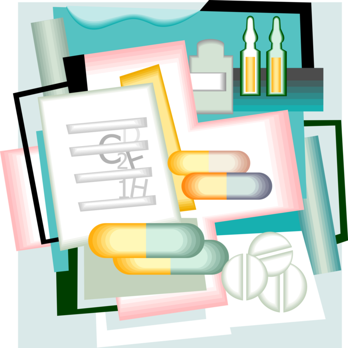 Vector Illustration of Pharmaceutical Industry Develops, Produces, and Markets Prescription Drugs