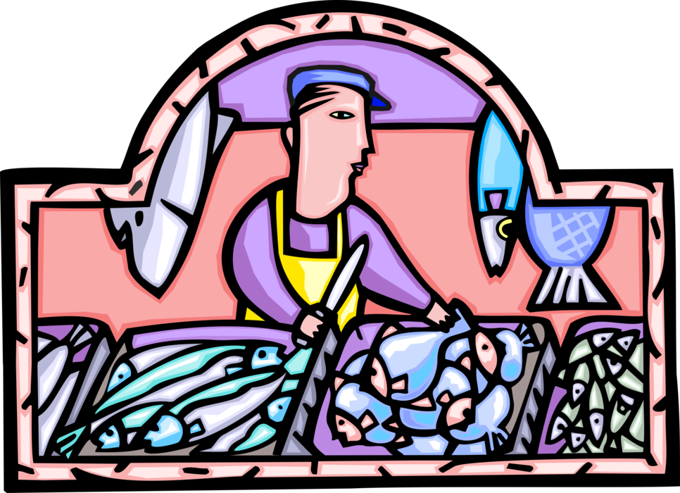 Vector Illustration of Fishmonger Commercial Fisherman Angler Sells Raw Fish and Seafood at Fish Market