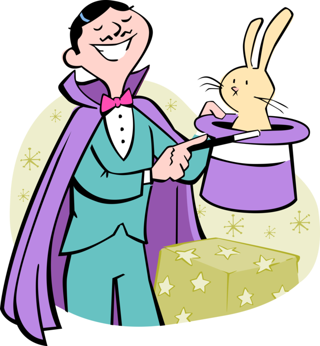 Vector Illustration of Magician Performs Magic Act and Pulls Rabbit from Hat