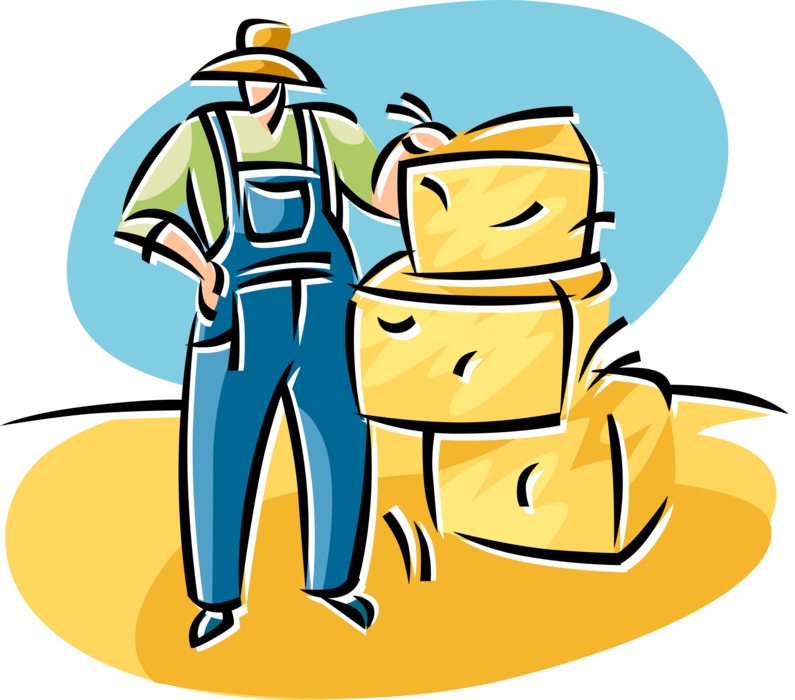 Vector Illustration of Farmer with Bales of Harvested Alfalfa Grass Farm Hay