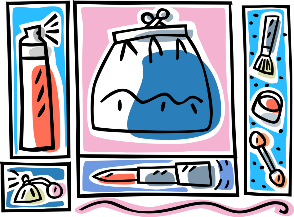 Vector Illustration of Purse Handbag with Lipstick, Hairspray, Perfume and Makeup