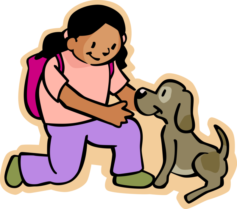 Vector Illustration of Primary or Elementary School Student Schoolgirl Playing with Dog