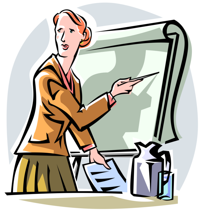 Vector Illustration of Businesswoman Makes Boardroom Presentation with Flip Chart