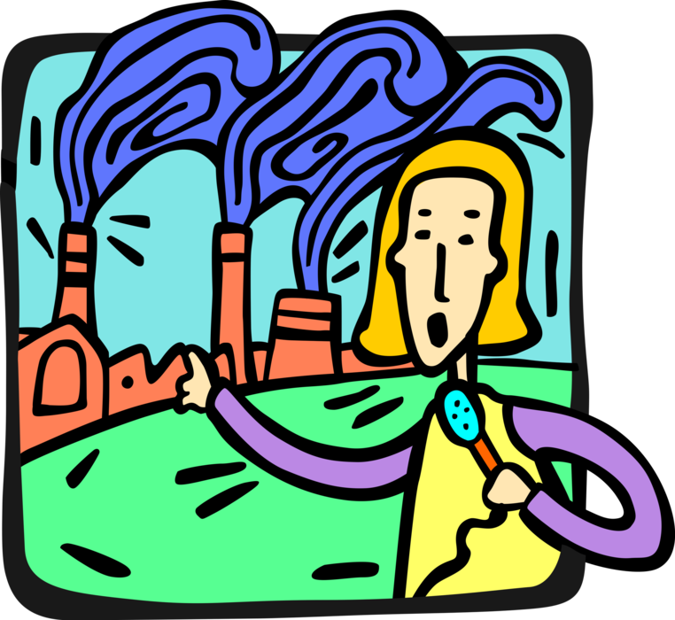 Vector Illustration of Television Reporter with Microphone Blows Whistle on Industrial Factory Pollution