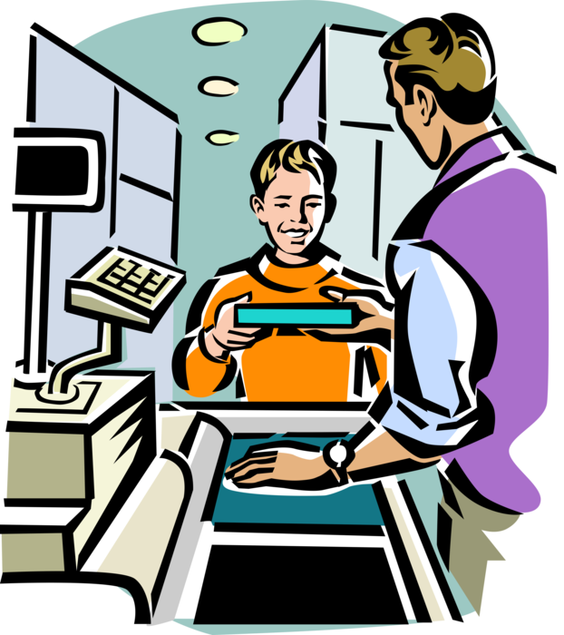 Vector Illustration of Cashier in Supermarket with Grocery Products and Customer at Cash Register