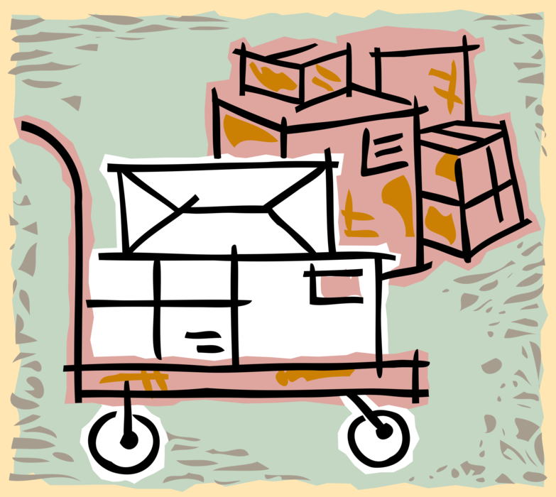 Vector Illustration of Warehouse Shipping Cart Handcart Dolly with Product Boxes and Packages