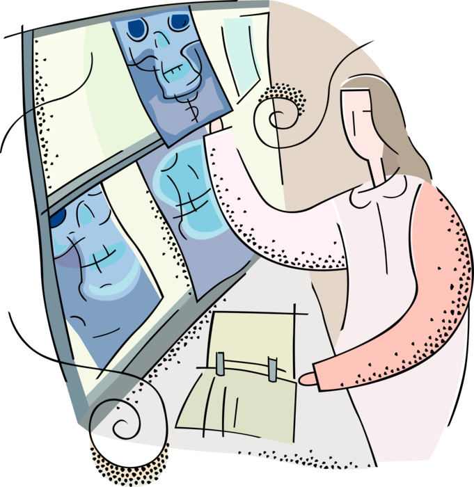 Vector Illustration of Health Care Professional Doctor Physician Examines Patient Skull X-Ray