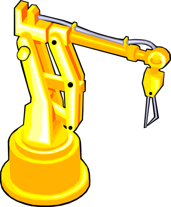 Vector Illustration of Automated Assembly Line with Robotic Arm in Manufacturing Factory Plant