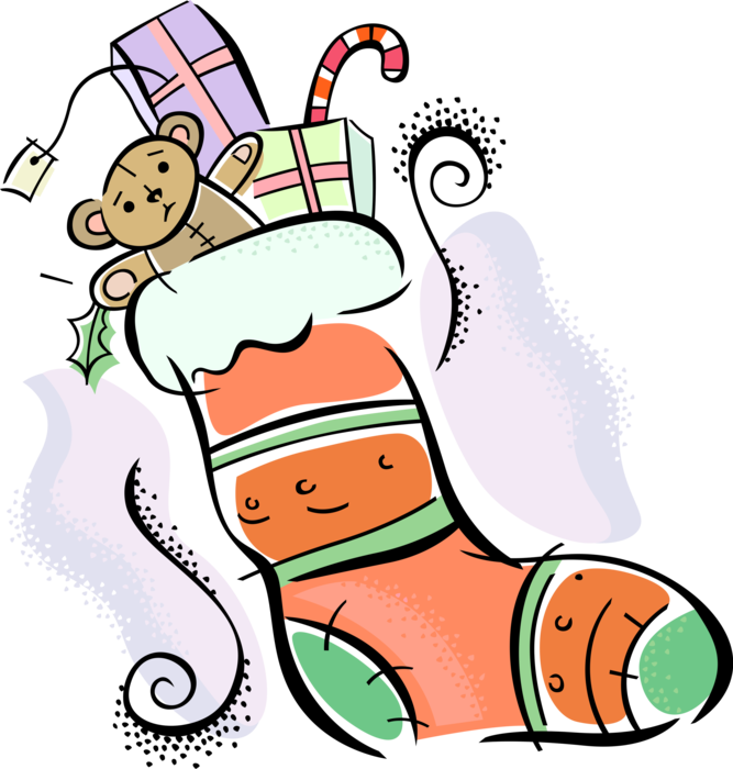 Vector Illustration of Festive Season Christmas Stocking with Gifts and Stuffed Animal Teddy Bear