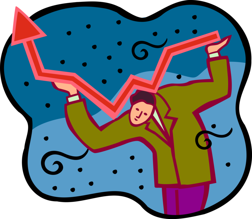 Vector Illustration of Businessman Helps Hold Up Stock Market Share Value