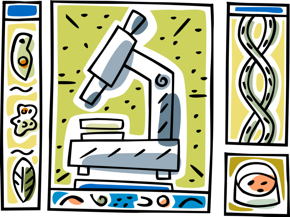 Vector Illustration of Science Microscope, DNA Deoxyribonucleic Acid Molecule Strand with Culture Dish