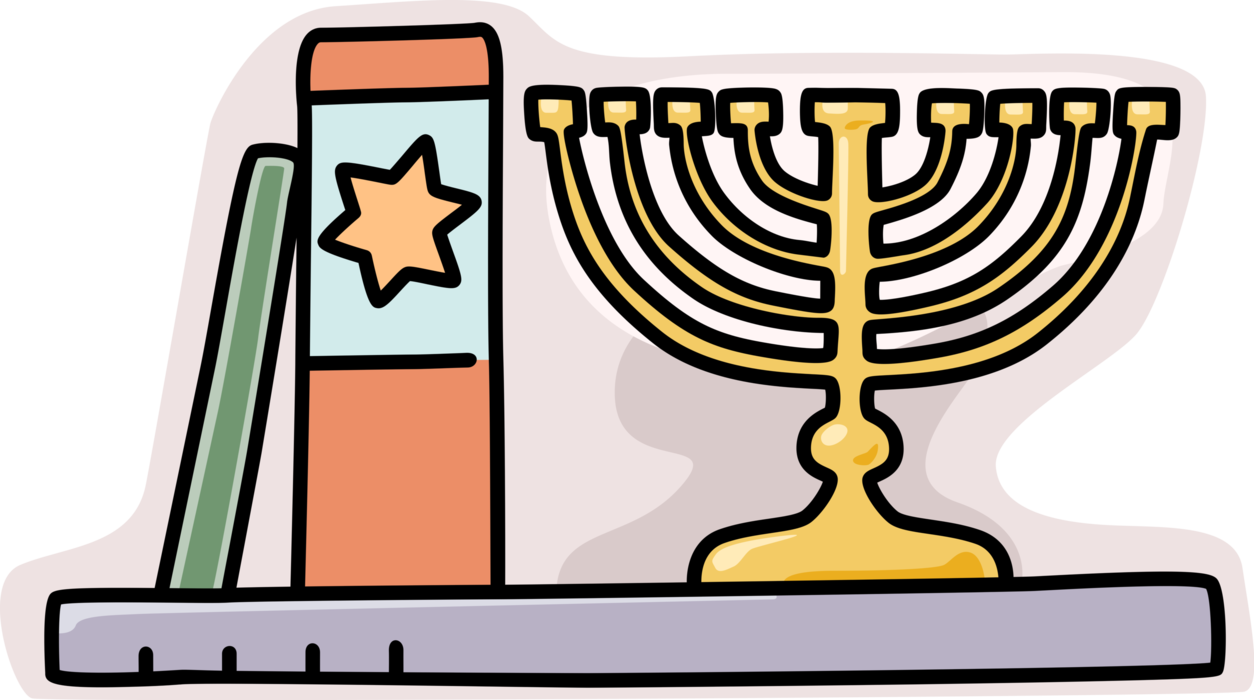 Vector Illustration of Jewish Chanukah Hanukkah Menorah Lampstand Nine Candles Candelabrum and Hebrew Bible