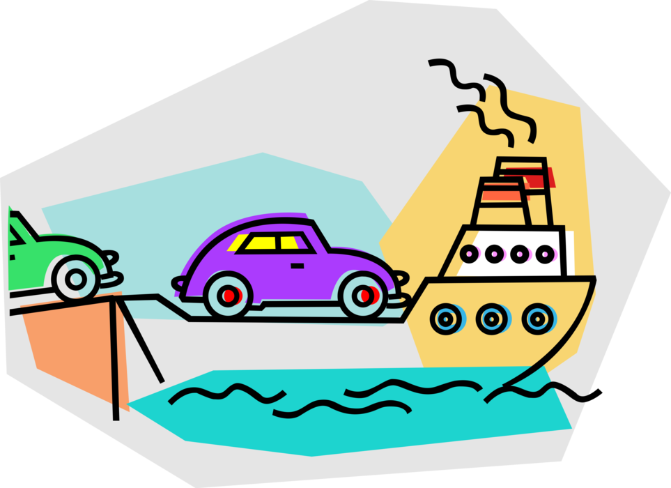 Vector Illustration of Ferry or Ferryboat Watercraft Vessel Transports Passenger Automobile Motor Vehicle Cars