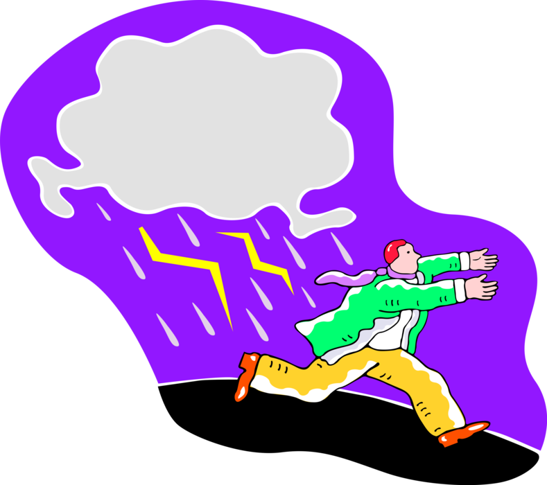 Vector Illustration of Businessman Caught in Lightning Storm Runs for Cover