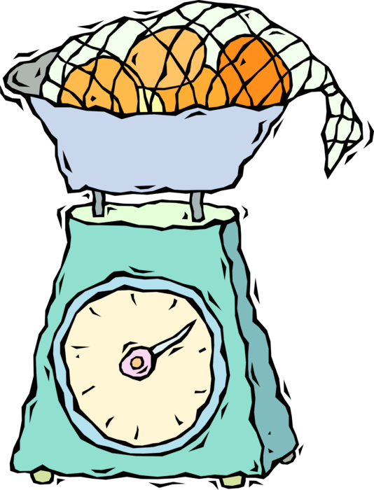 Vector Illustration of Kitchen Weigh Scale Force-Measuring Device with Oranges